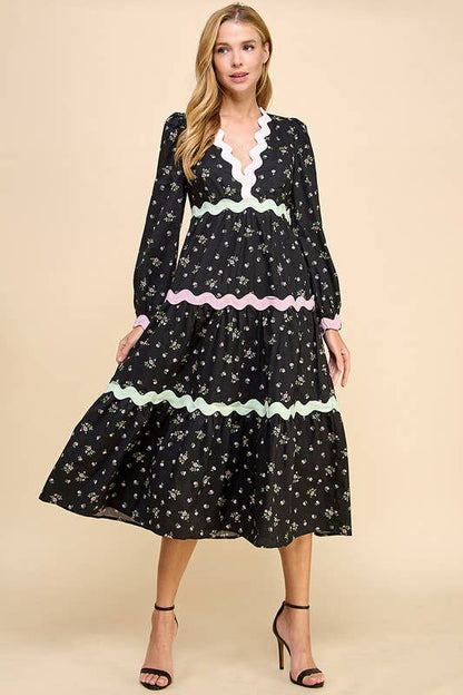 Floral Scalloped Ric Rac Detail Midi Dress