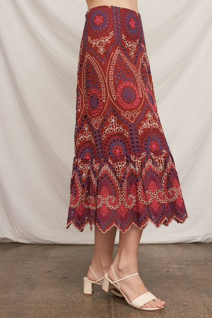 Eyelet Embroidered Blouse and Midi Skirt with Uneven Hem Scallop
