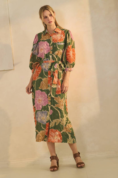 Textured Floral Shirt Dress