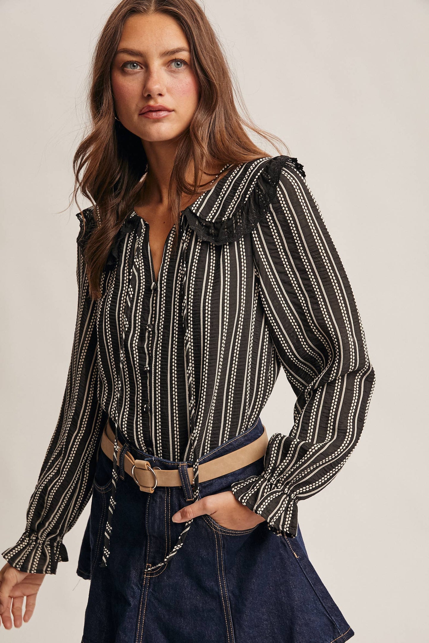 Embroidered Collar Textured Peter Pan Blouse