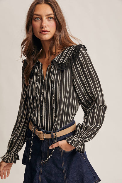 Embroidered Collar Textured Peter Pan Blouse