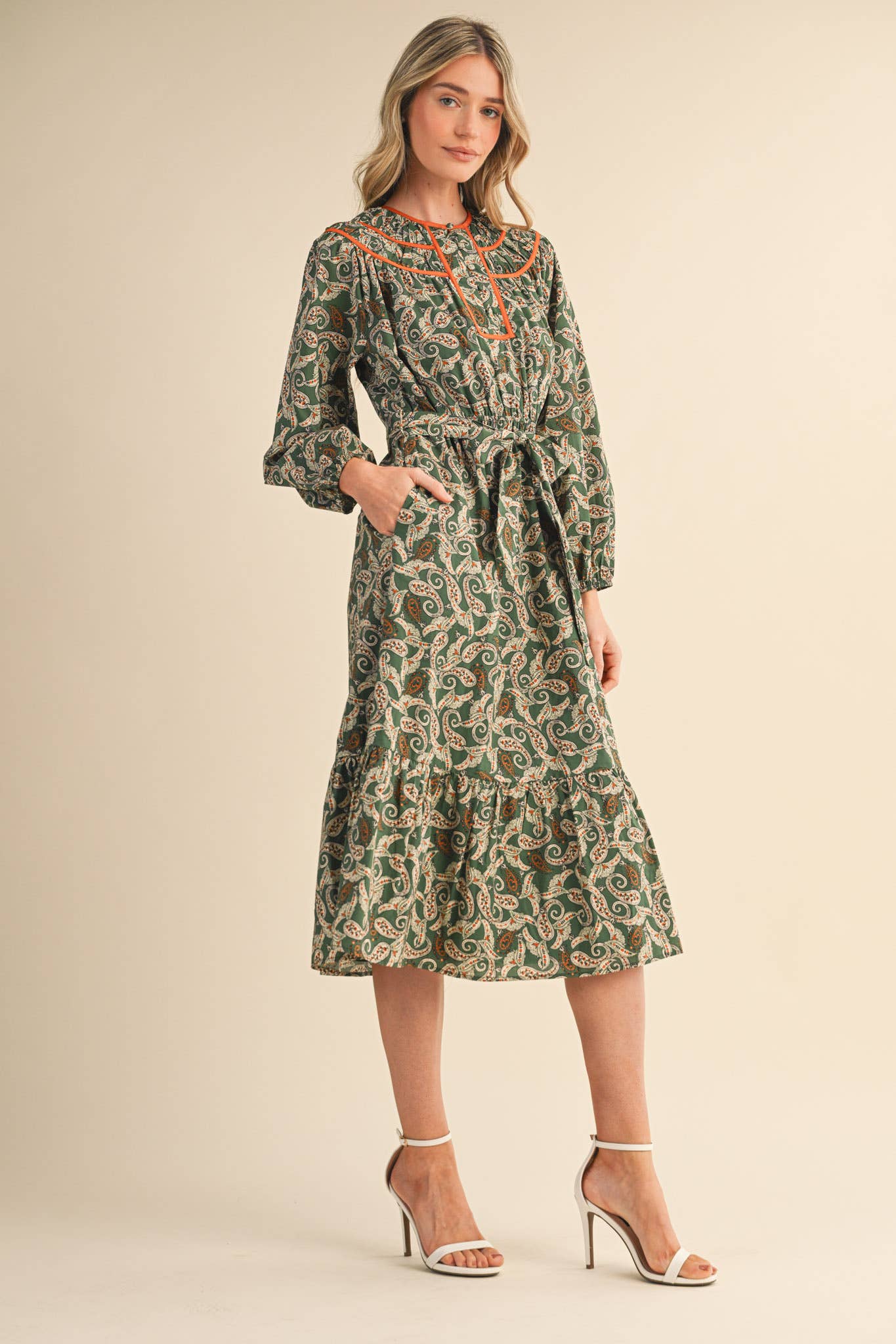 PAISLEY PRINT CONTRAST BINDING MIDI DRESS
