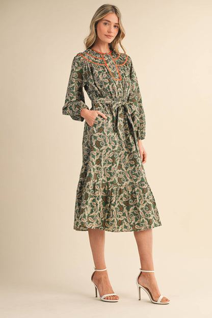 PAISLEY PRINT CONTRAST BINDING MIDI DRESS