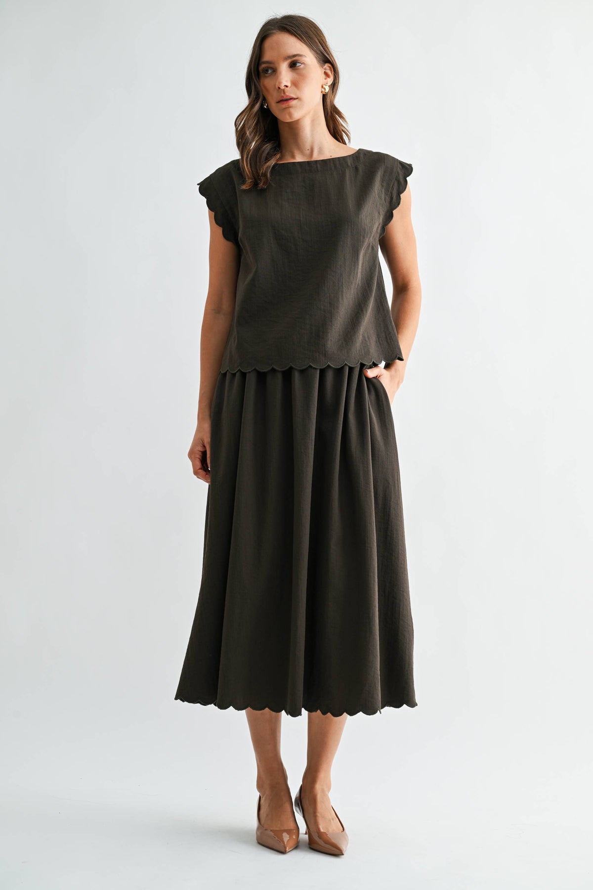 OLIVE GREEN SCALLOP EDGE MAXI TOP SKIRT SET
