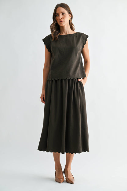 OLIVE GREEN SCALLOP EDGE MAXI TOP SKIRT SET