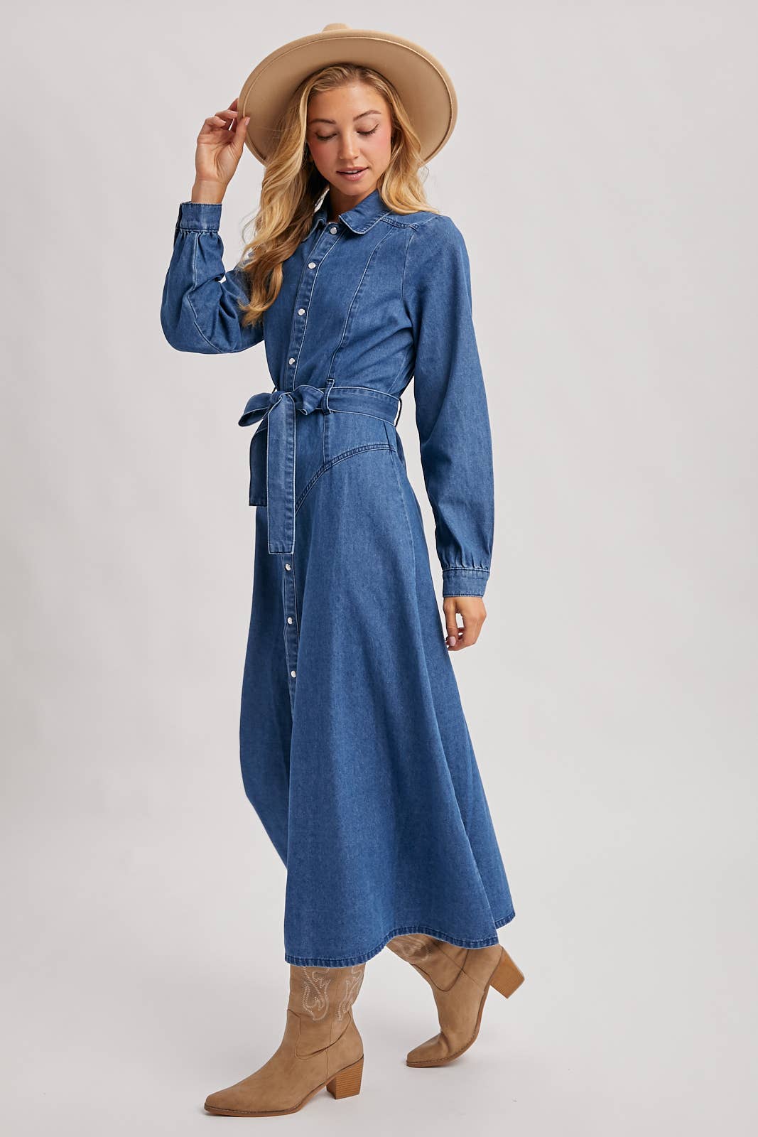 DENIM BUTTON DOWN BELTED SHIRT A-LINE MAXI DRESS