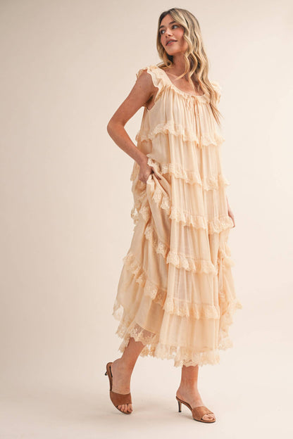TIERED LACE TRIM FLOWY MAXI DRESS RUFFLE BLACK CREAM