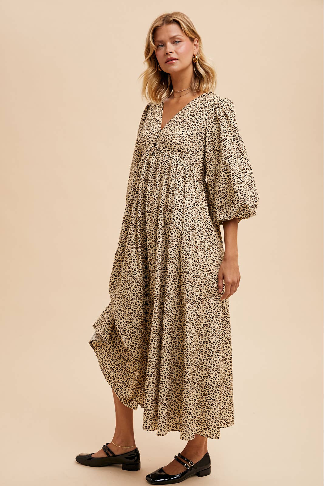 COTTON LEOPARD PRINT BUTTON MAXI DRESS