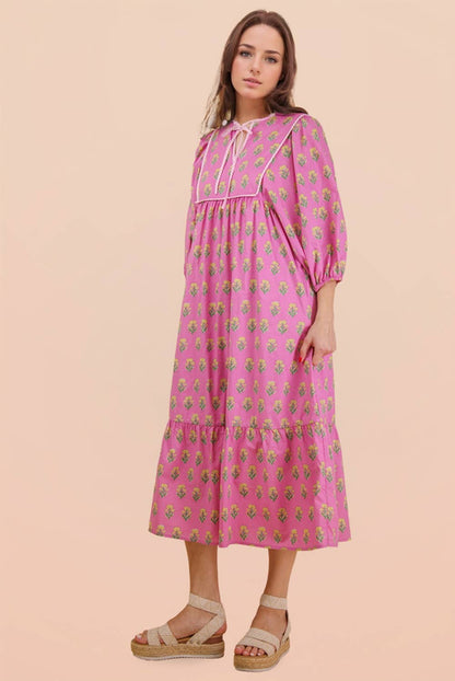 Printed Half Sleeve Midi Dress Pink Blue