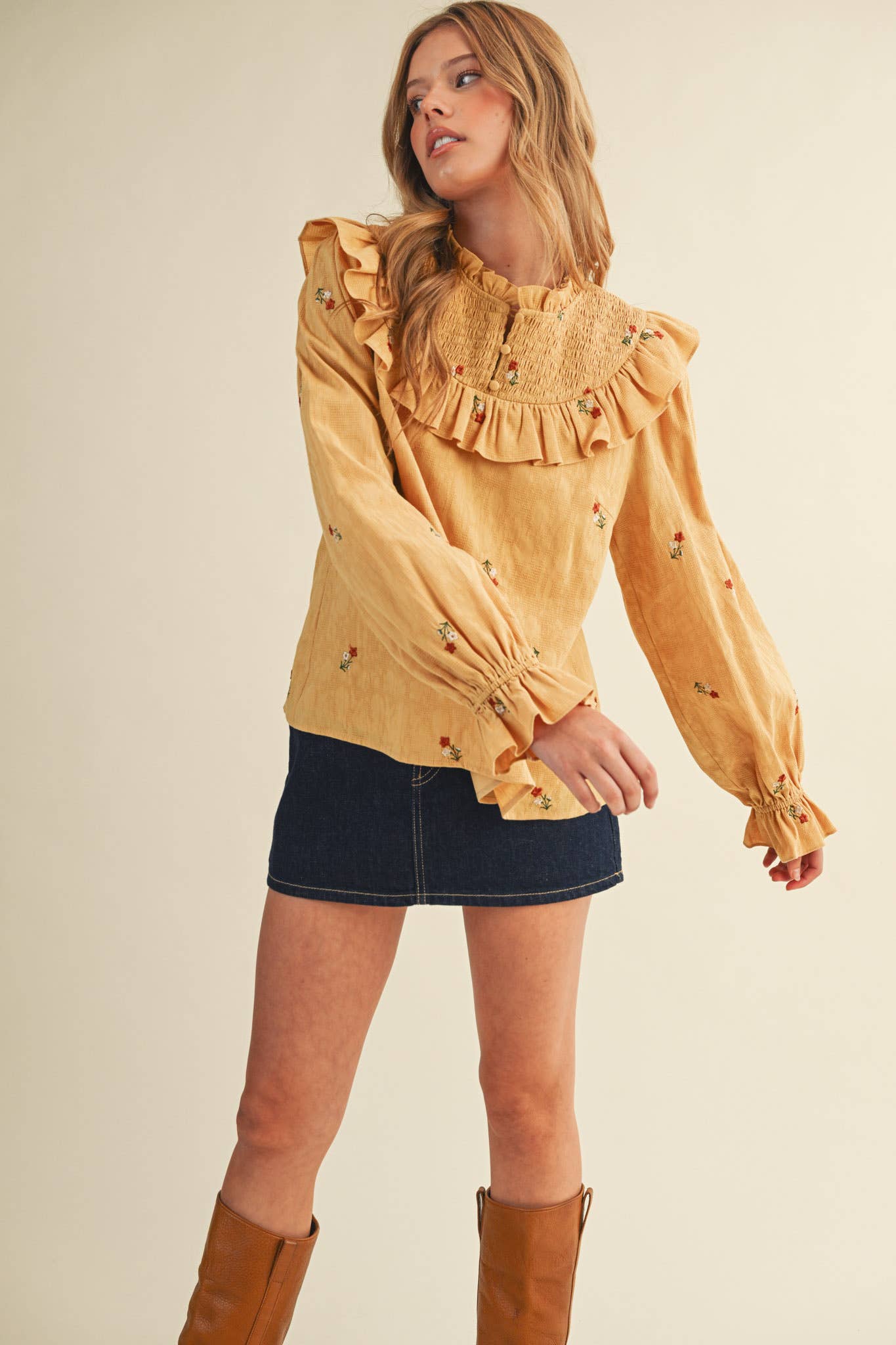 RUFFLED SMOCKED YOKE EMBROIDERED BLOUSE Multiple Color - PRE ORDER