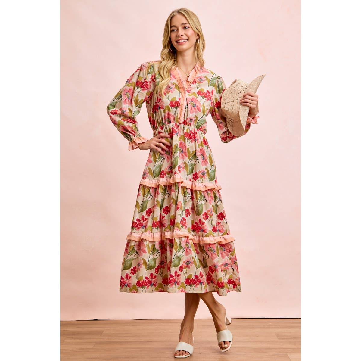 FLORAL PRINT MIDI DRESS WITH RUFFLE SCALLOP EDGE DETAILS