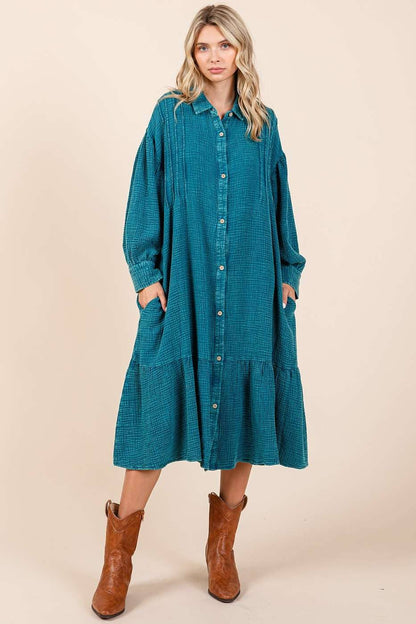 MINERAL WASH COTTON GAUZE RUFFLE MIDI SHIRT OVERSIZE DRESS