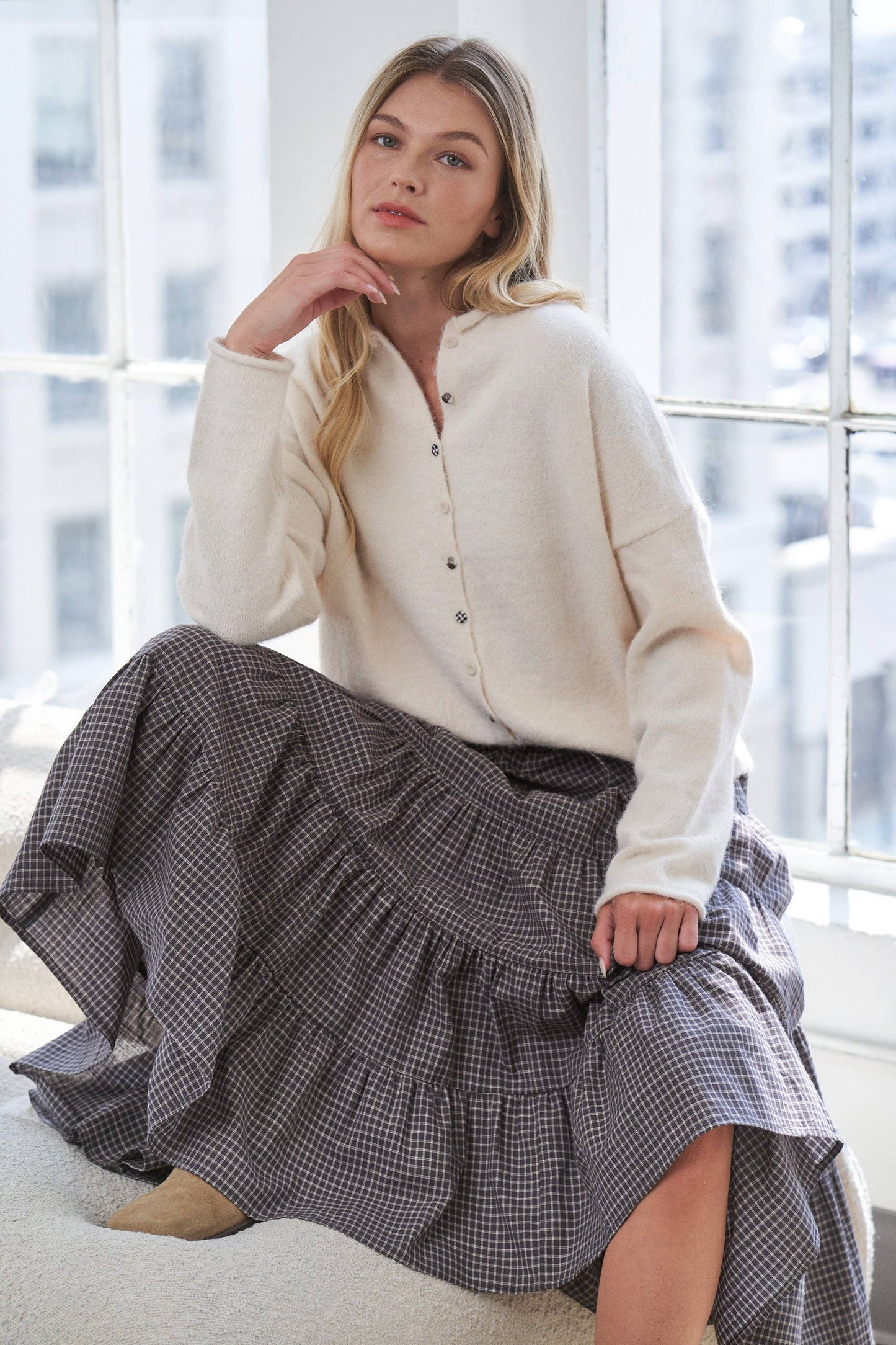 Caramel Gingham Elastic Waistband Skirt - Multiple Colors