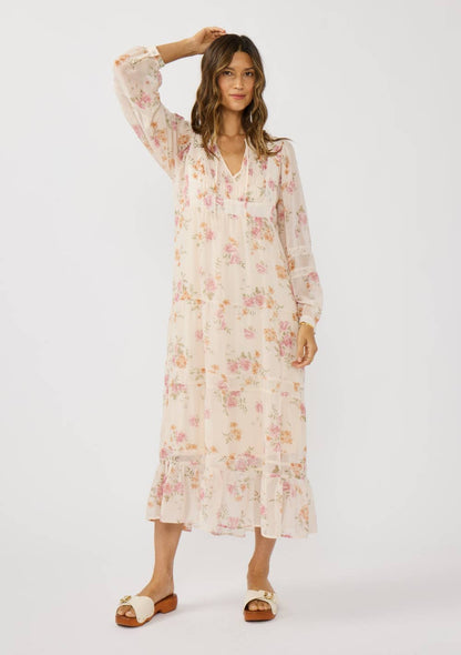 Pink Floral Lace Front Flowy Midi Dress