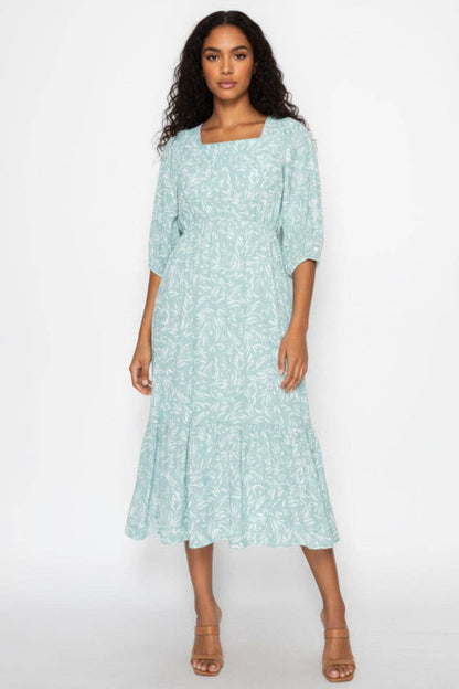SQUARE NECKL 3/4 SLEEVES, MIDI DRESS
