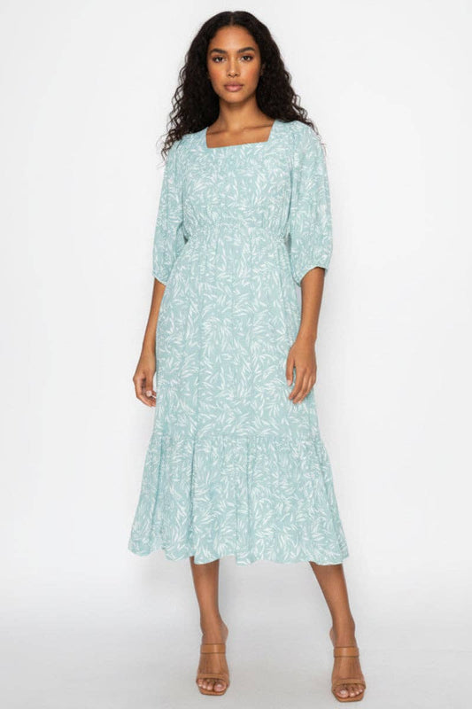 SQUARE NECKL 3/4 SLEEVES, MIDI DRESS