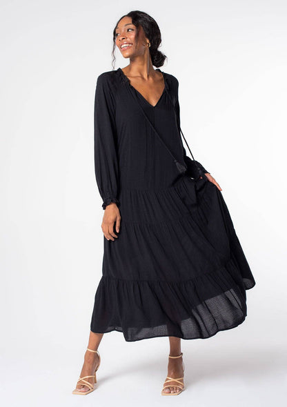 Bohemian Solid Tiered Long Sleeve Midi Dress