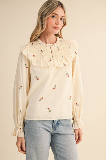 RUFFLED SMOCKED YOKE EMBROIDERED BLOUSE Multiple Color - PRE ORDER