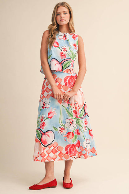 FLORAL PRINT CROP TANK AND MIDI SKIRT SET - MULTIPLE COLORS