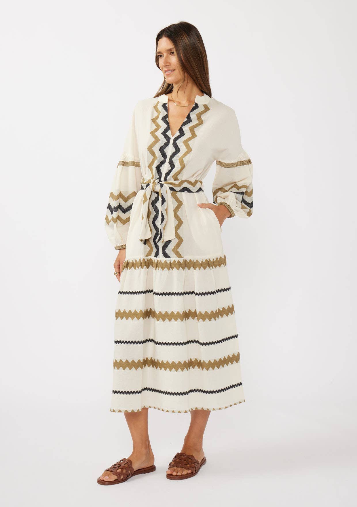 Blouson Sleeve Tiered Maxi Dress with Waist Tie