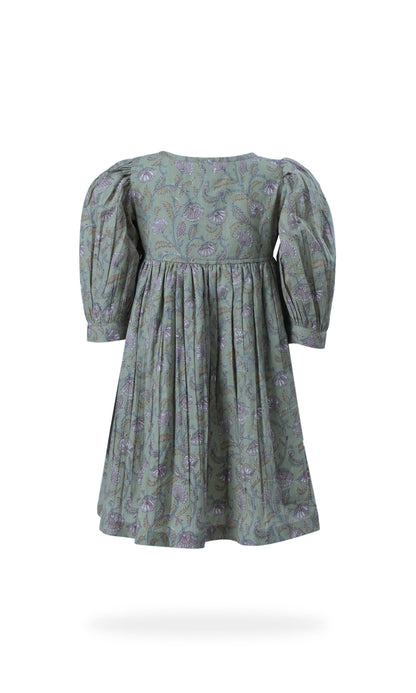 Sage-Green Floral Printed Sleeve Gathered Dress - PRE ORDER