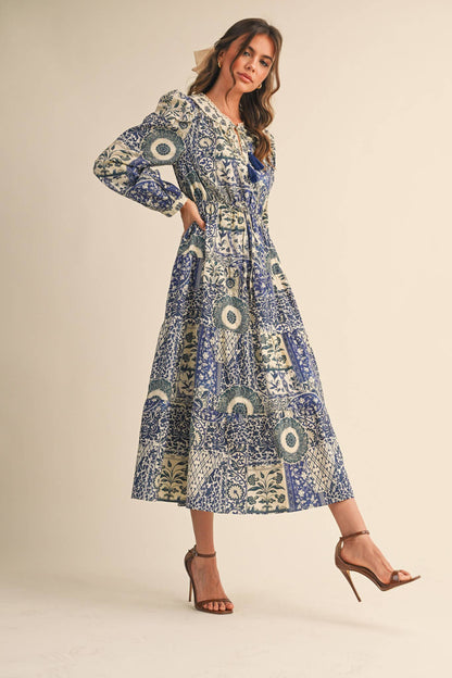 FLORAL TIERED LACE TRIM MIDI DRESS