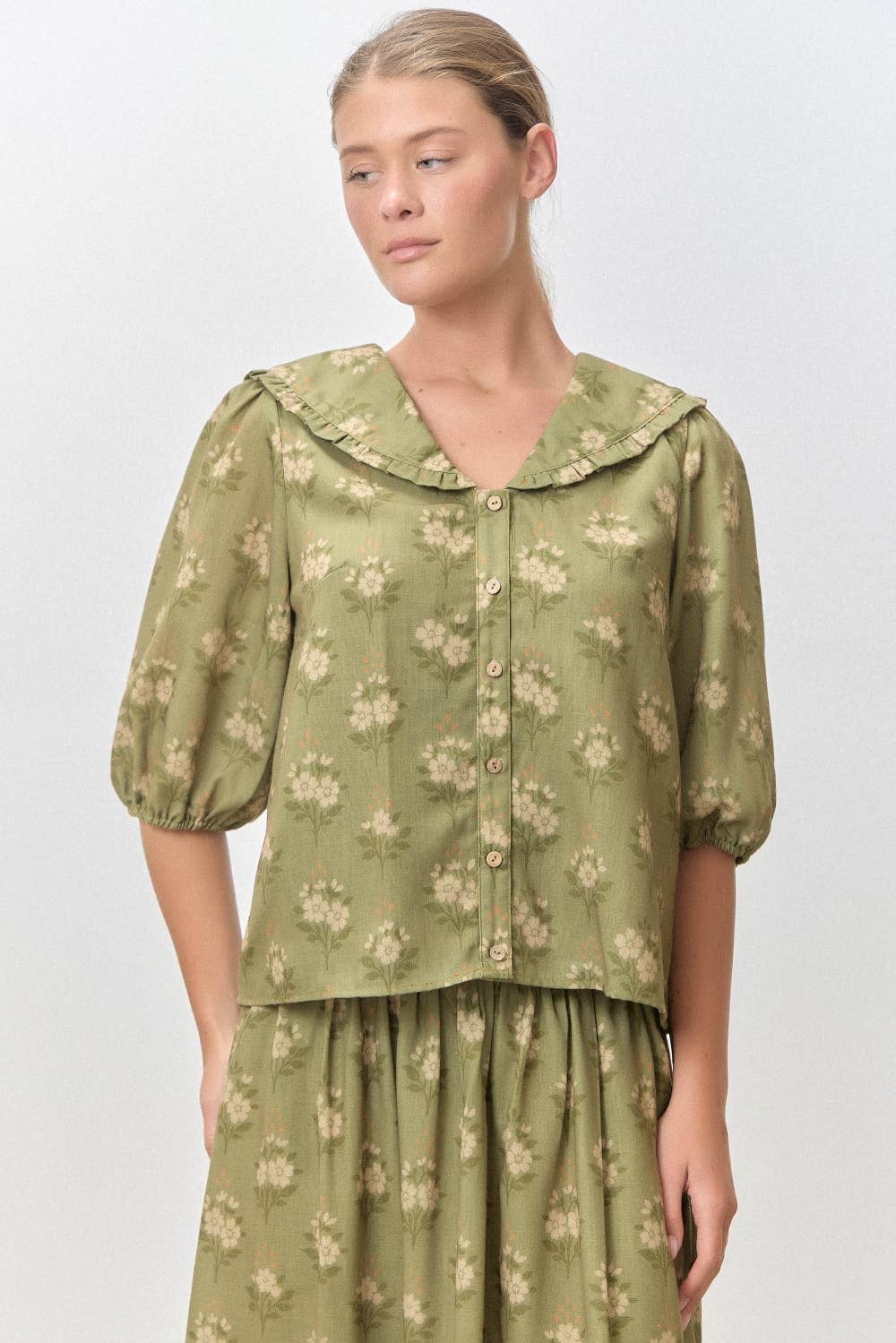 OLIVE GREEN PETER PAN FLORAL PRINT COLLARED BUTTON DOWN SHORT SLEEVE TOP SKIRT SET
