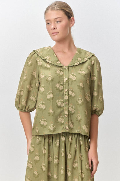 OLIVE GREEN PETER PAN FLORAL PRINT COLLARED BUTTON DOWN SHORT SLEEVE TOP SKIRT SET
