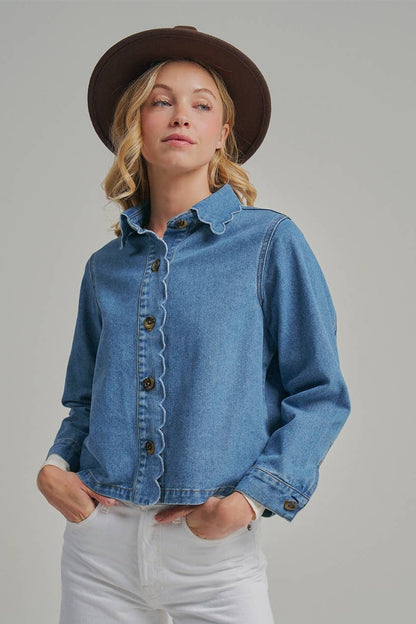 FALL DENIM BUTTON DOWN JACKET WITH SCALLOP EMBROIDERY COLLAR
