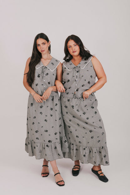 Black Gray Floral Essential Bloom Top and Skirt Set
