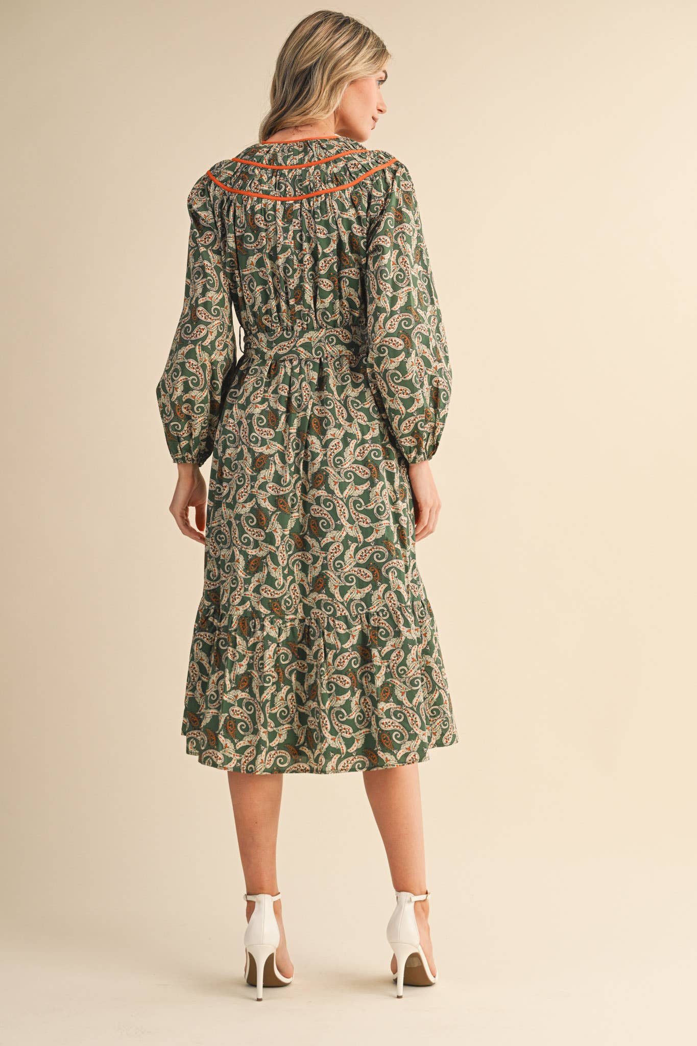 PAISLEY PRINT CONTRAST BINDING MIDI DRESS