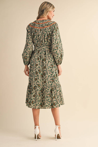 PAISLEY PRINT CONTRAST BINDING MIDI DRESS