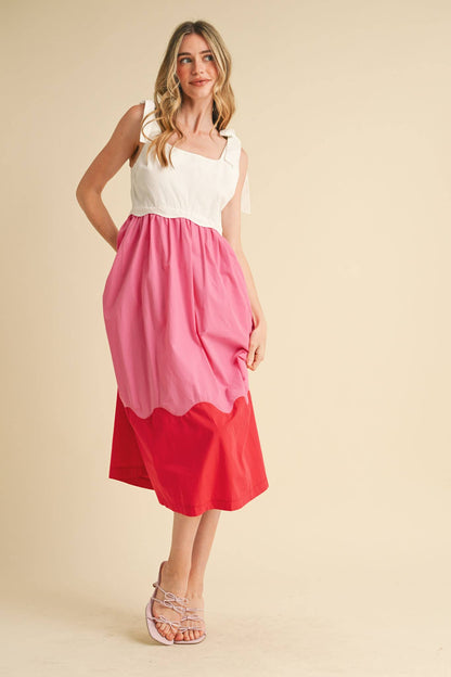 SCALLOPED COLOR BLOCK PINK SCALLOP MIDI DRESS