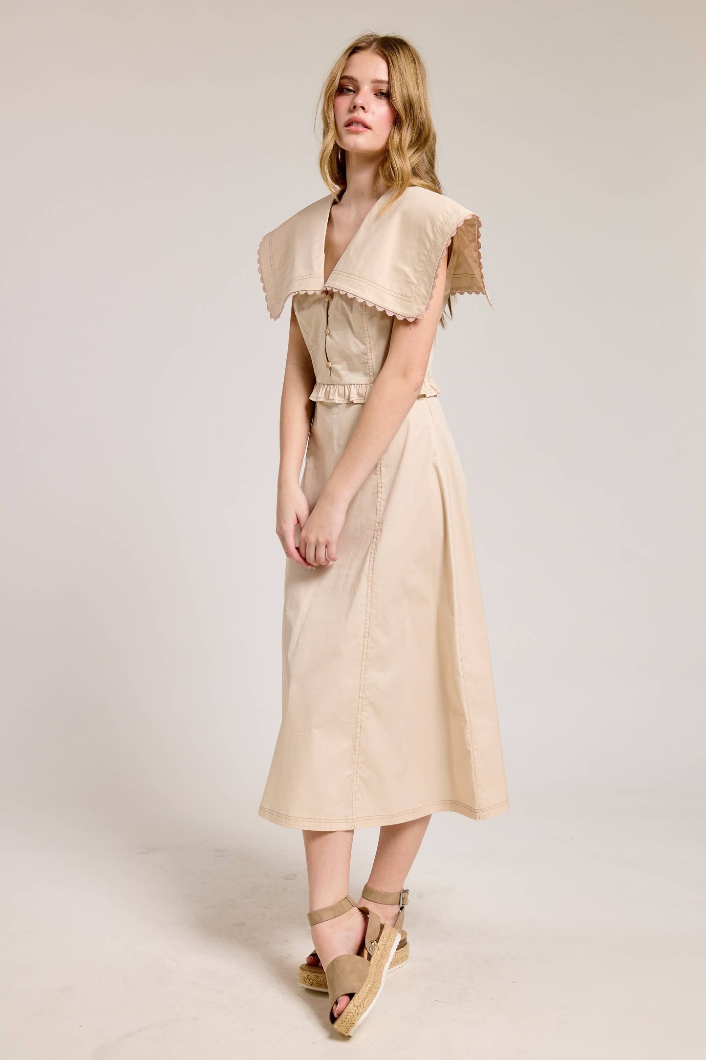 Oversized Collar Scallop Trim Midi Dress
