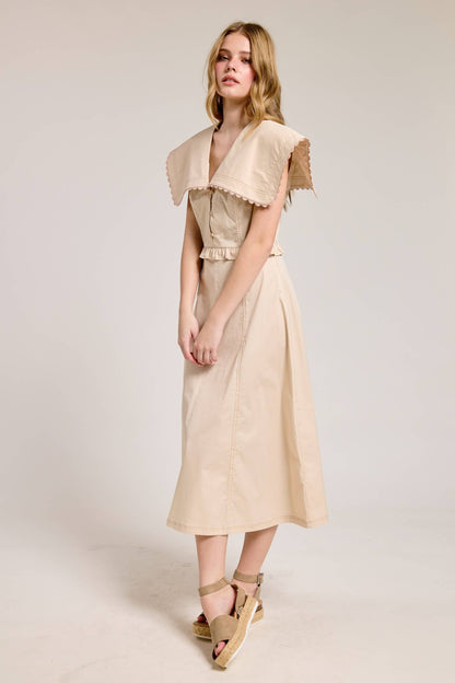 Oversized Collar Scallop Trim Midi Dress