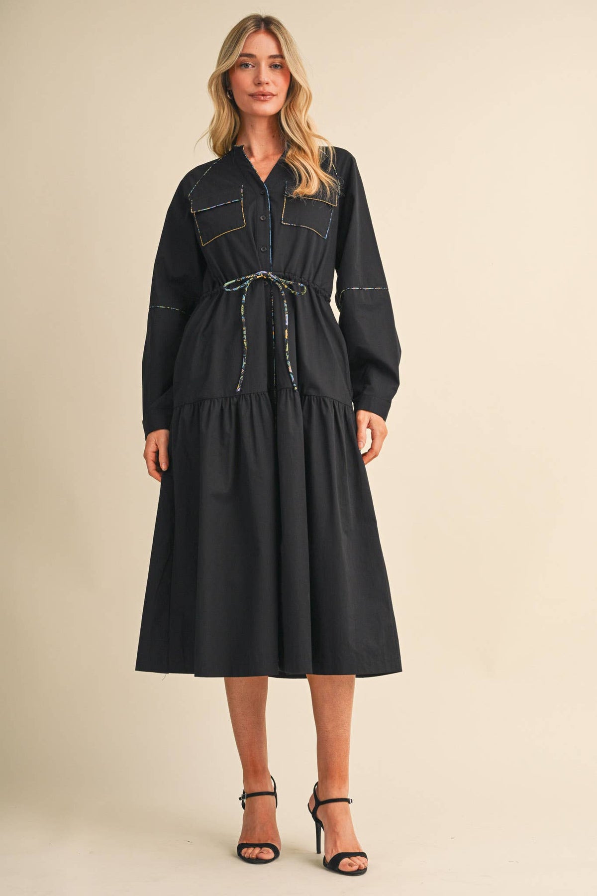 UTILITY MIDI DRESS WITH CONTRAST PIPING TRIM