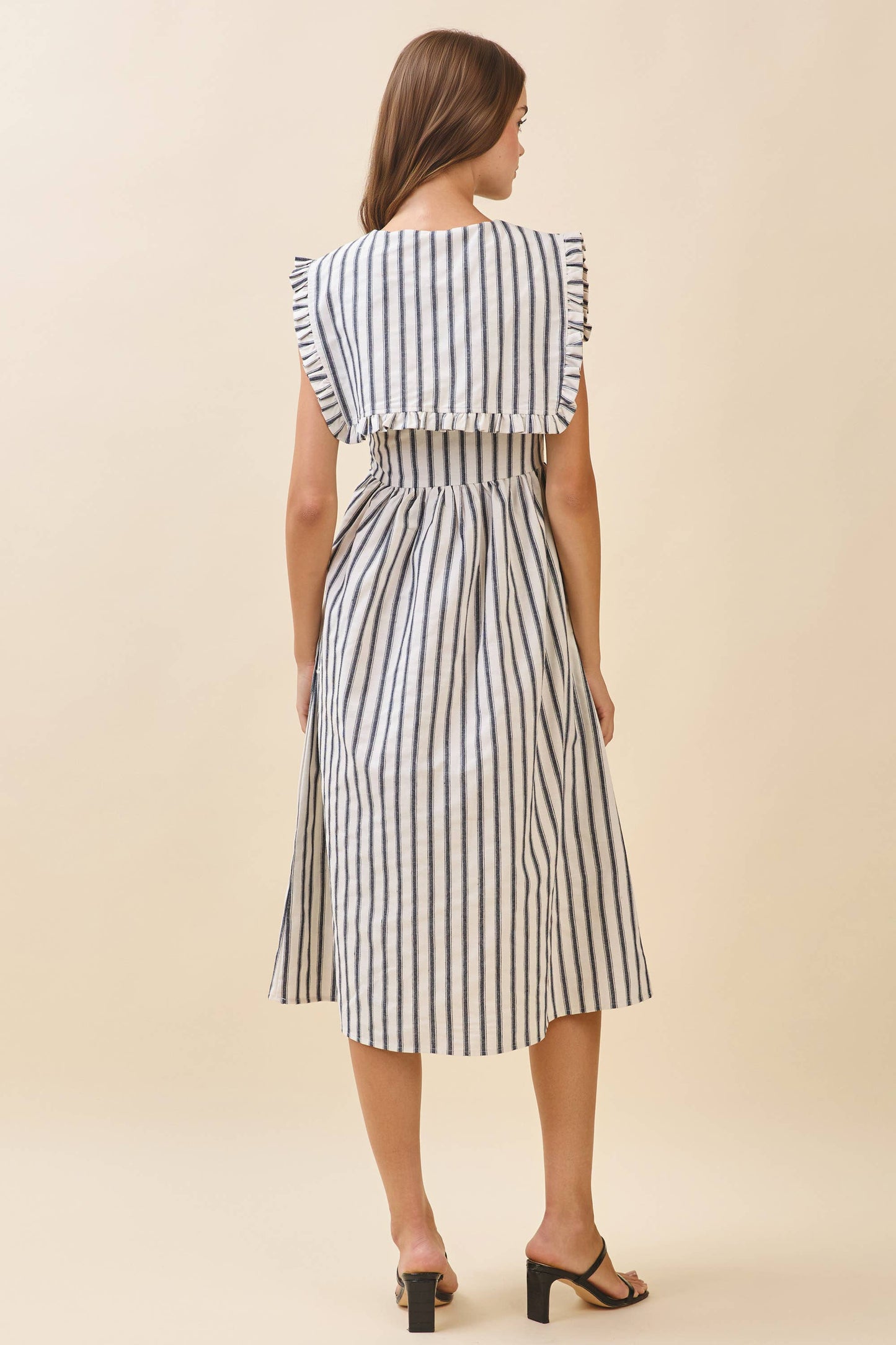 Striped Ruffled Square Collar Front Tie Midi Dres