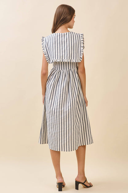 Striped Ruffled Square Collar Front Tie Midi Dres