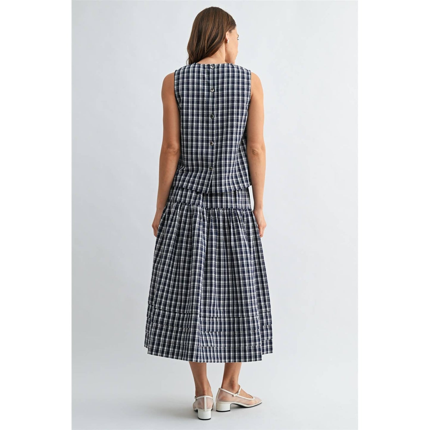 GINGHAM PRINTED PIN TUCK DETAIL MIDI SKIRT - PRE ORDER