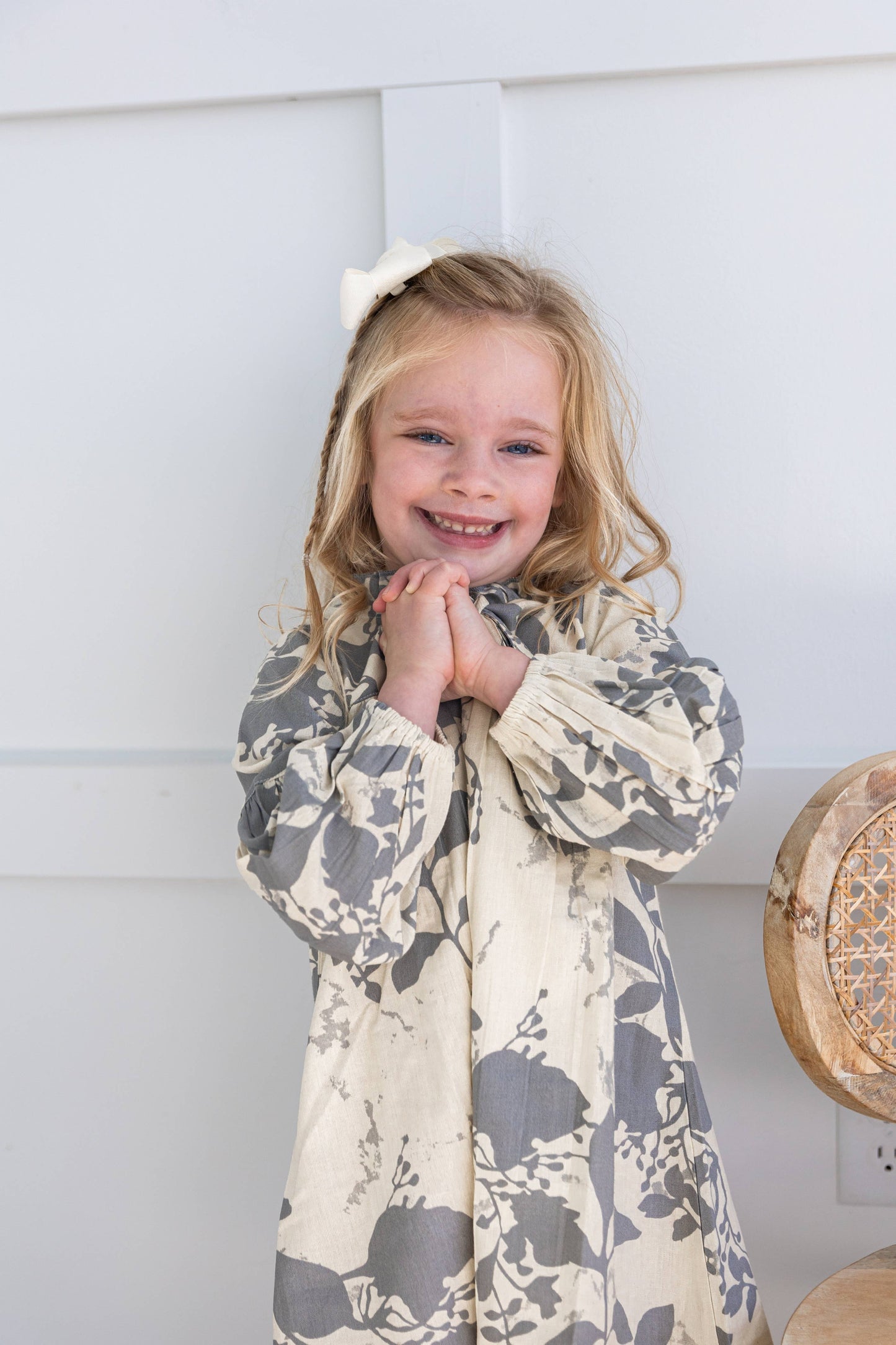 Grey Leaf Printed Gathered Long Sleeve Dress