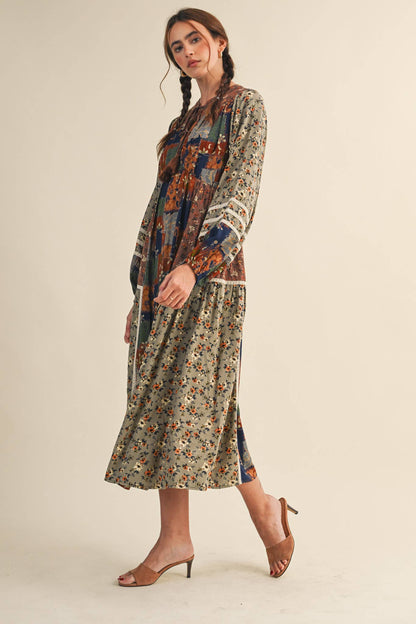 MIXED FLORAL PATCHWORK MIDI DRESS WITH LACE TRIM MDR4135