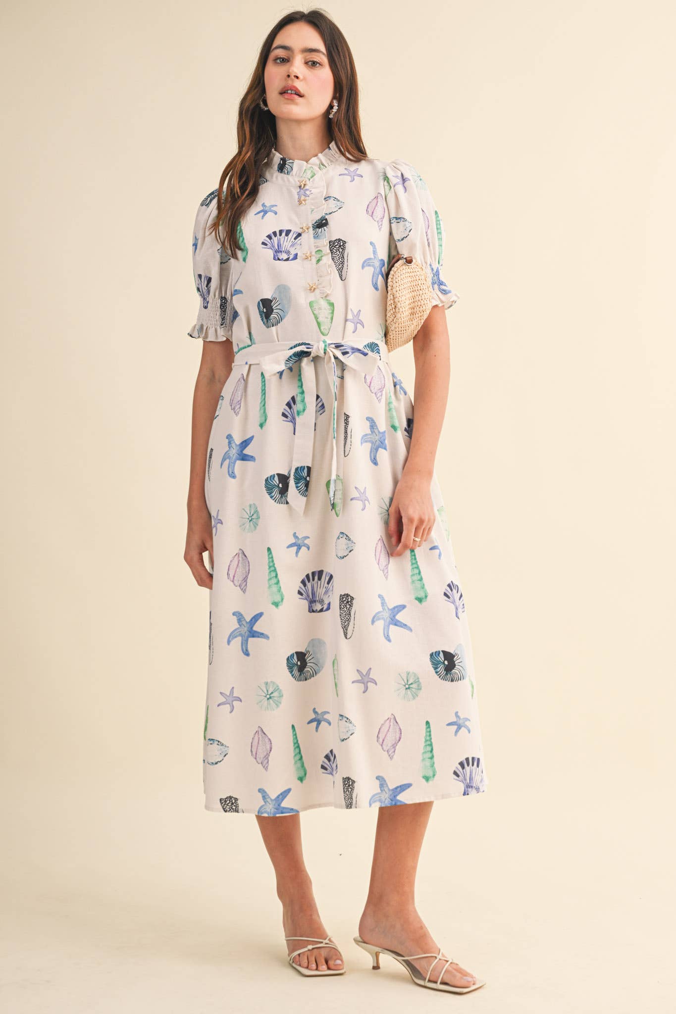 SEASHELL PRINT RUFFLE COLLAR BELTED MIDI DRESS
