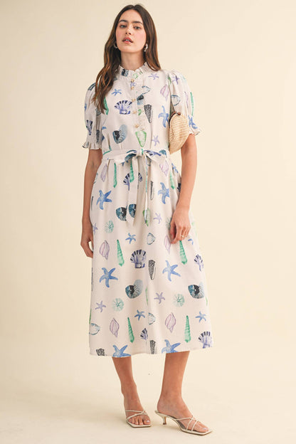 SEASHELL PRINT RUFFLE COLLAR BELTED MIDI DRESS
