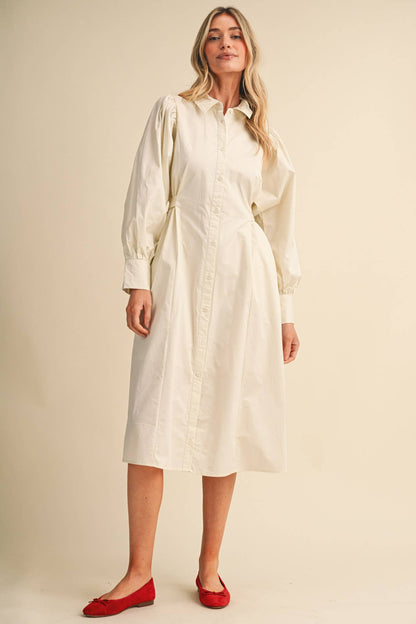 BUTTON DOWN BELTED MIDI DRESS CREAM