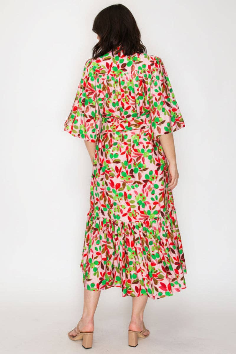 PINK GREEN TIERED MIDI DRESS WITH A COLLARED BUTTON FRONT TIE WAIST