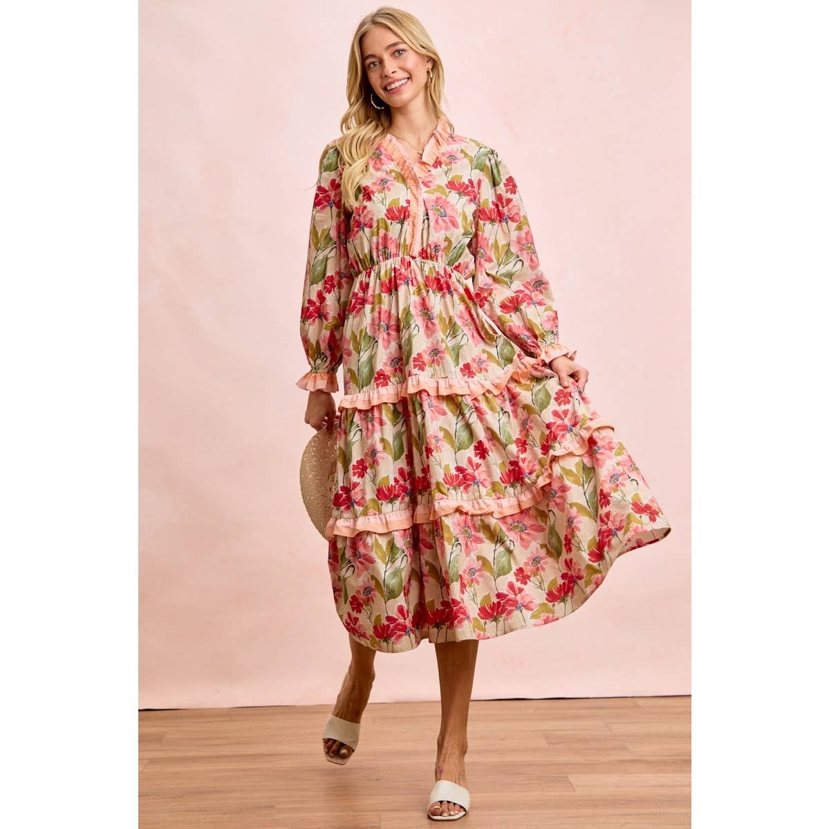 FLORAL PRINT MIDI DRESS WITH RUFFLE SCALLOP EDGE DETAILS