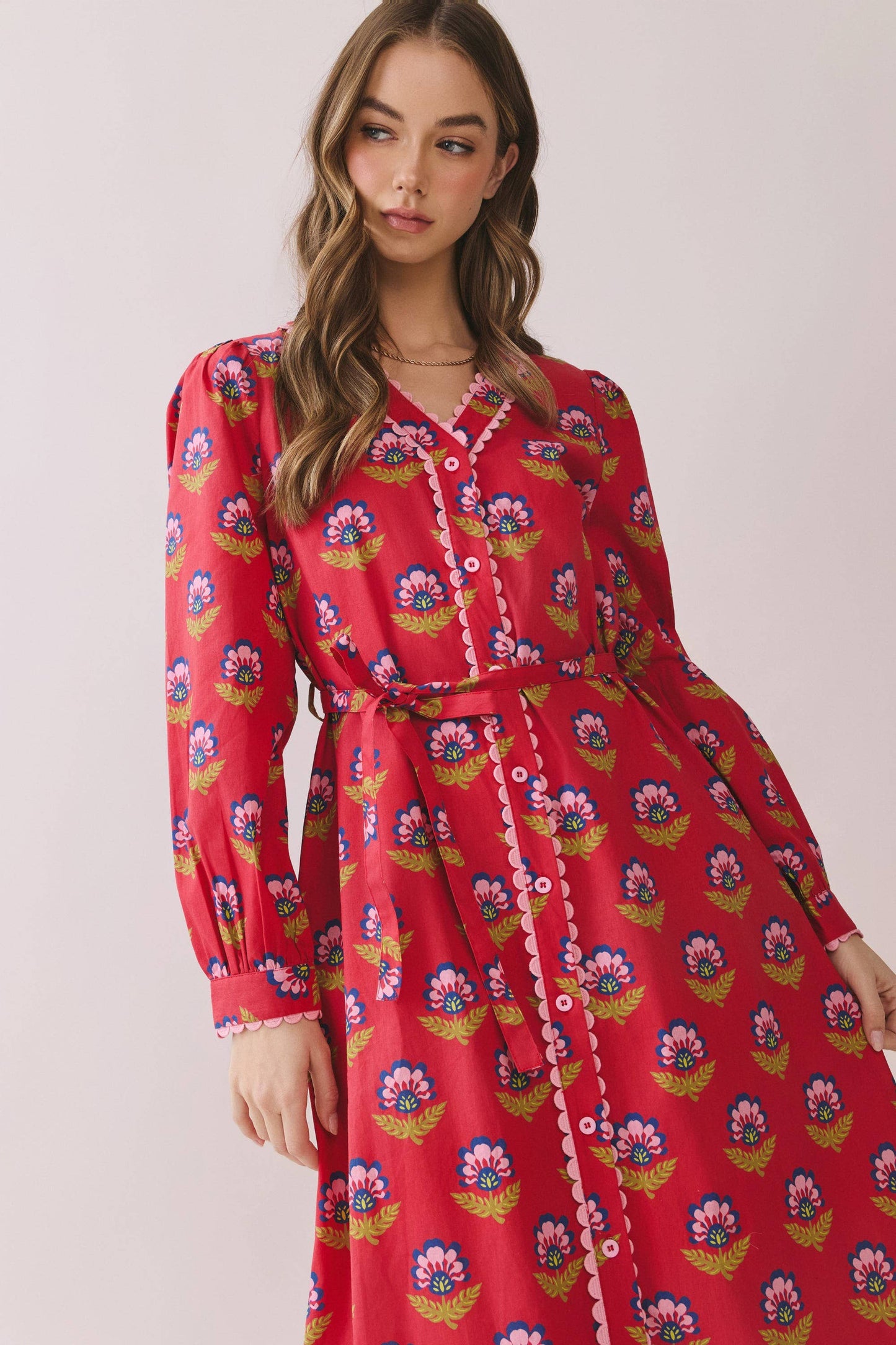 Scalloped Long Sleeve Button Down Midi Dress
