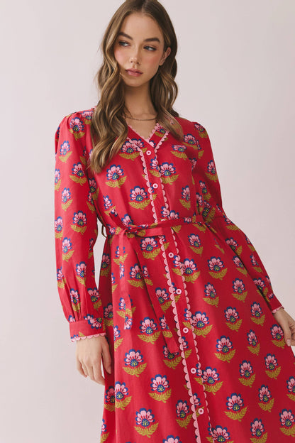 Scalloped Long Sleeve Button Down Midi Dress