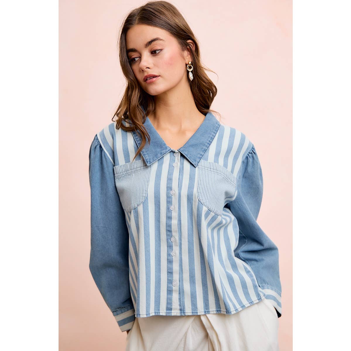 WASHED MULTI STRIPED DENIM BUTTONED SHACKET TOP
