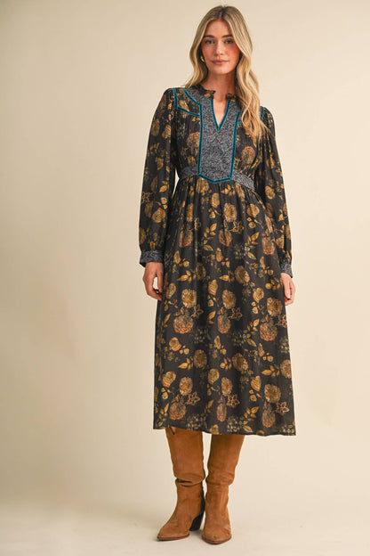 FLORAL PRINT CONTRAST VELVET TRIM MIDI DRESS MDR5304
